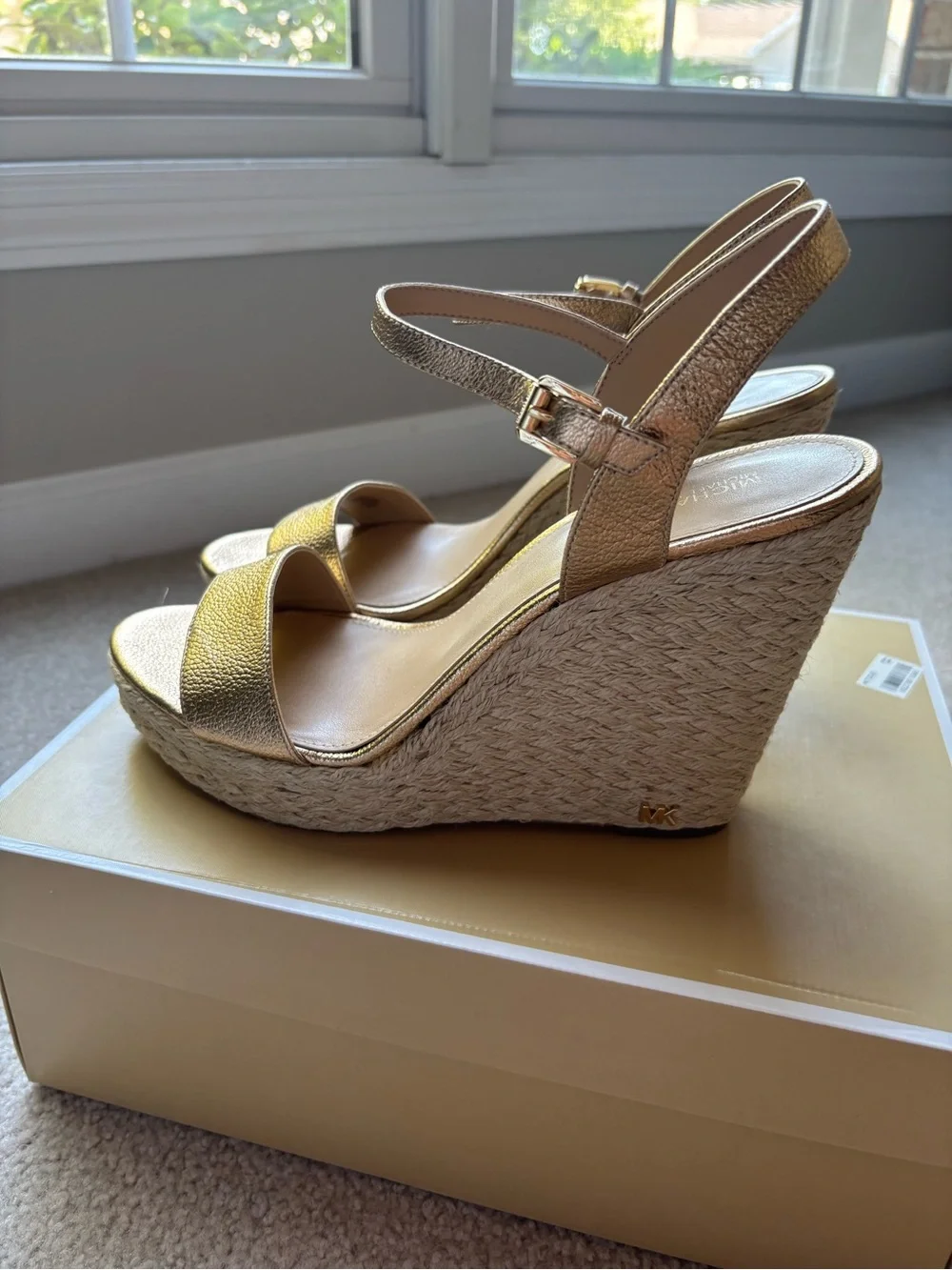 Michael Kors Gold Metallic Espadrille Wedge Sandals with Ankle Strap